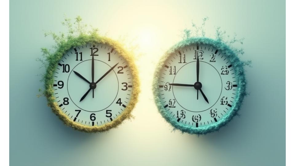 Illustration showing two clocks, one for chronological age and one for biological age, with the biological clock running slower.