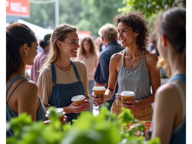 Diverse group of people enjoying Portland local market and coffee