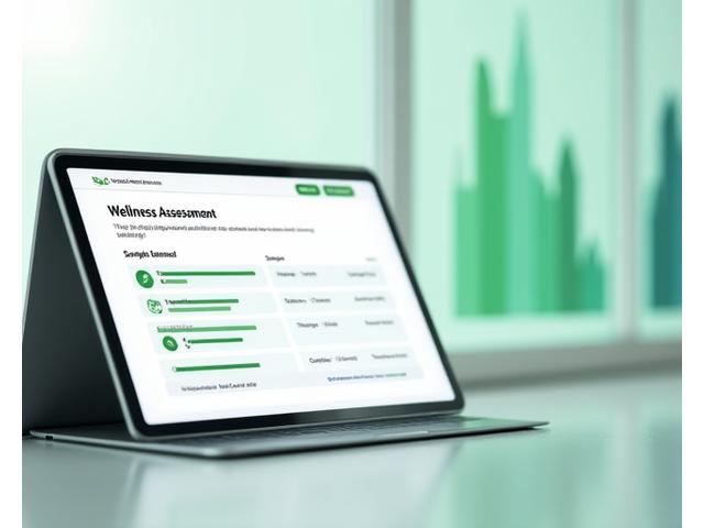Interactive preview of a personalized wellness assessment showing sample questions and progress indicators on a tablet, with vibrant data visualization graphs in the background.