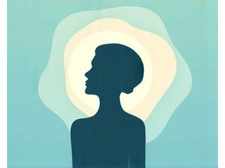 Illustration of a person deeply breathing, with a serene blue background and visual cues for slow breaths. Calming and simple.
