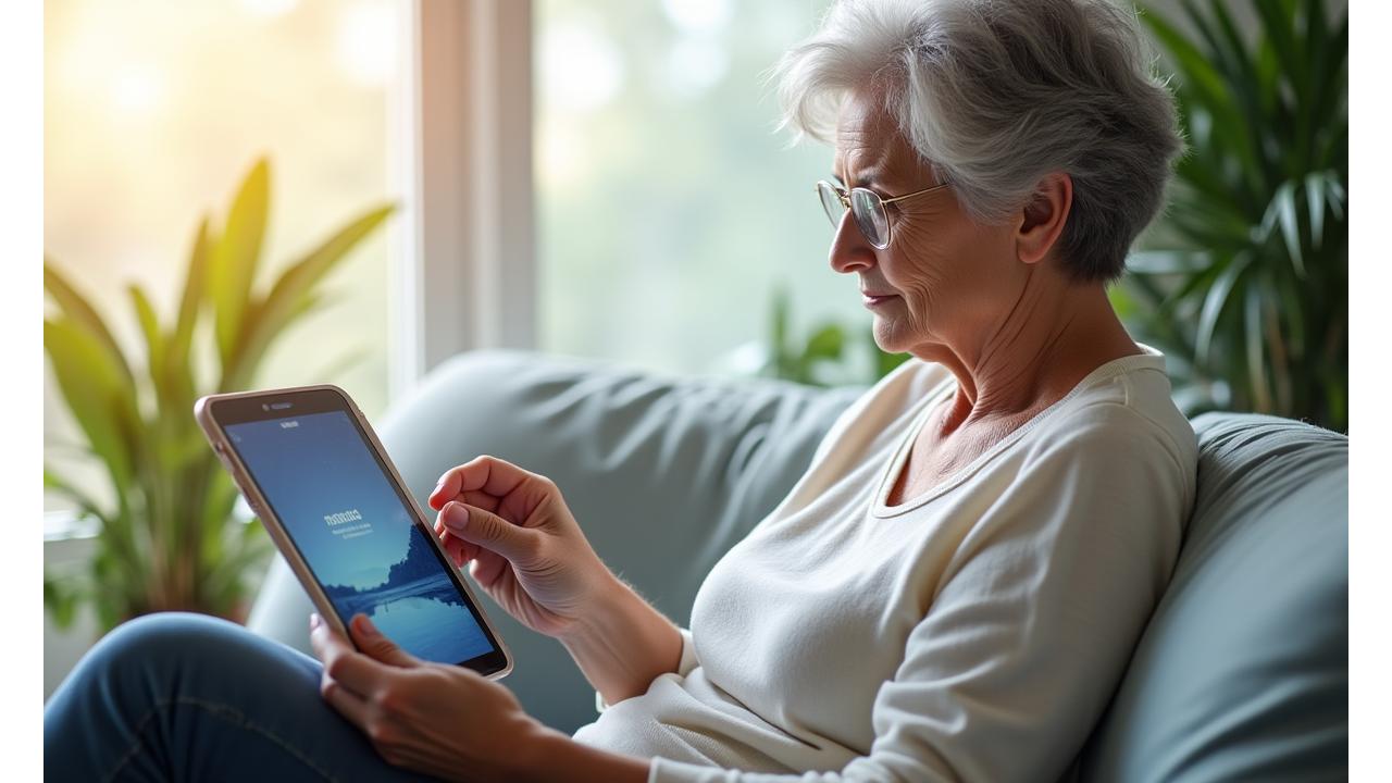 A serene adult using a tablet with a calming mental wellness app on screen, surrounded by soft natural light and subtle green plant elements. Emphasizes modern comfort.