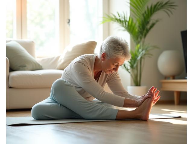 An older adult gently stretching on a yoga mat in a bright living room, focusing on increased range of motion and joint health.