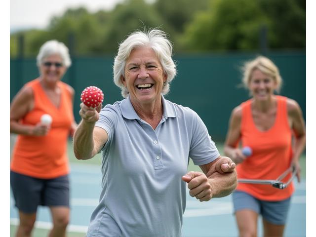 A group of adults in their 40s playing a casual game of pickleball in a bright, outdoor court, showcasing sustainable training for recreational athletes.