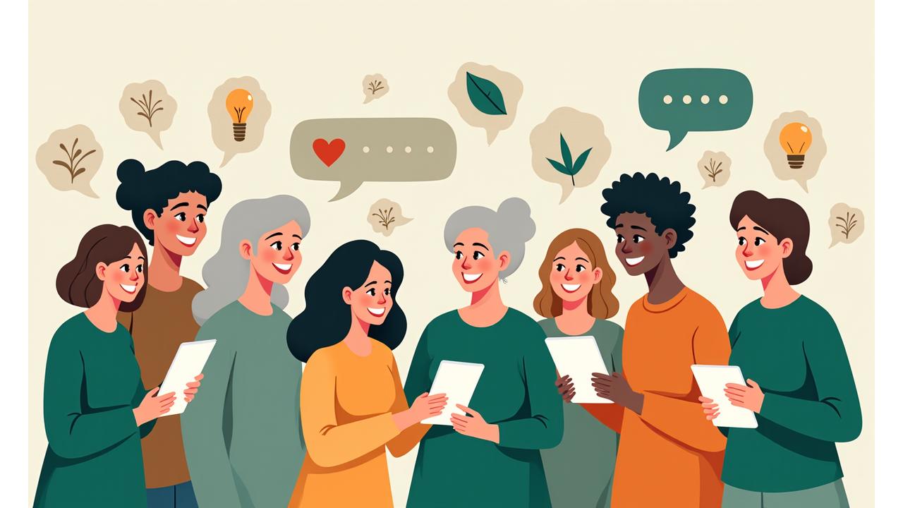 Diverse group of adults interacting happily in a vibrant, supportive online community forum, with chat bubbles and wellness icons floating around them.