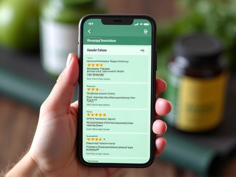 Hand holding a smartphone showing a product review page with glowing five-star ratings and wellness product icons.