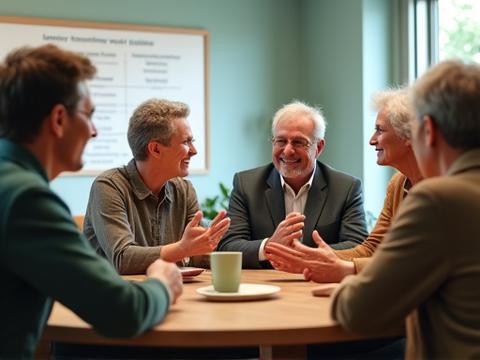 Group of diverse individuals engaged in a supportive group discussion, symbolizing mutual help and questions answered.