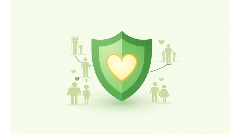 Illustration of a shield with a heart inside, surrounded by diverse positive community members, symbolizing safety, trust, and inclusivity.