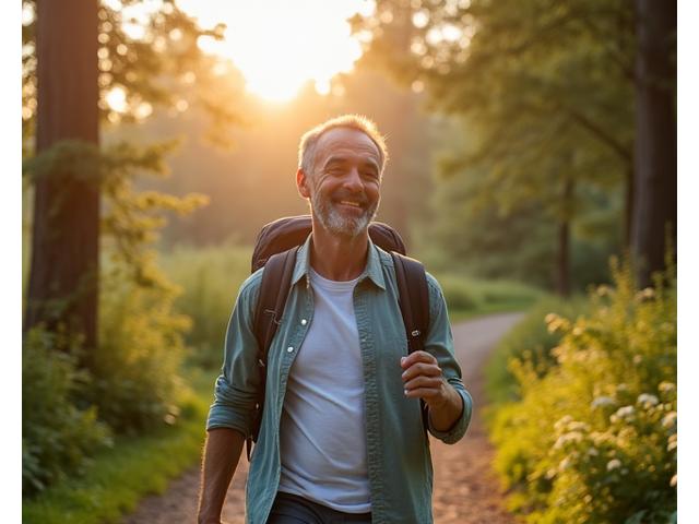 Mark Thompson enjoying a morning hike in a scenic Portland park, looking fit and happy.
