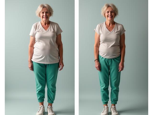 Before and after photo of Sarah Davies showcasing her fitness transformation, looking confident and healthy.