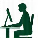Icon representing ergonomics, a person sitting at a desk with proper posture